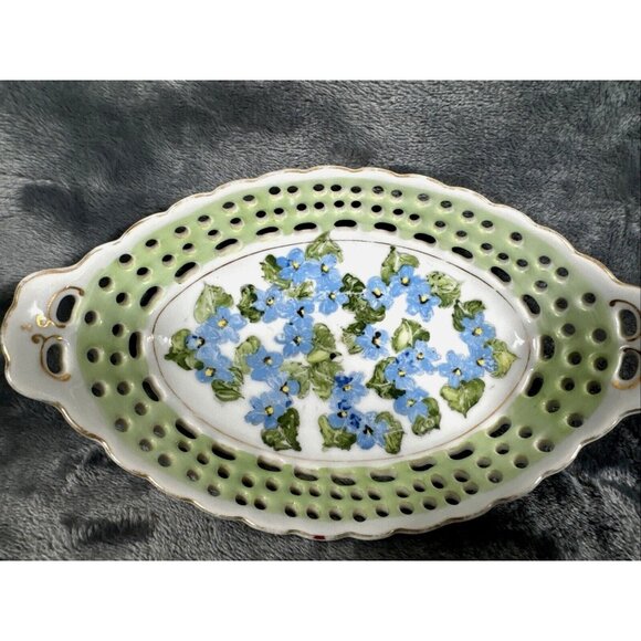 Antique Hand-Painted Porcelain Reticulated Serving Tray With Blue Floral Design - Picture 9 of 11